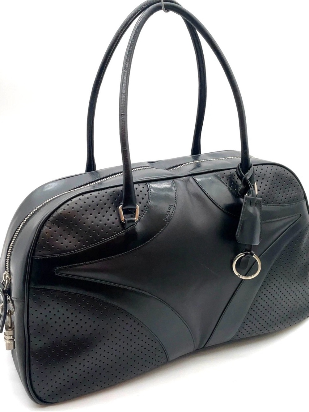 Rare Vintage Prada Perforated Vitello Bowler Bag Y2K All Black + COA